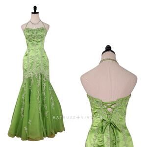 Vintage Prom Dress Maxi Gown 8 Green Mermaid Y2K Fairy Princess Strapless Bead